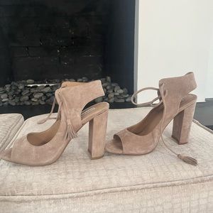 Beautiful taupe suede tie block heels
